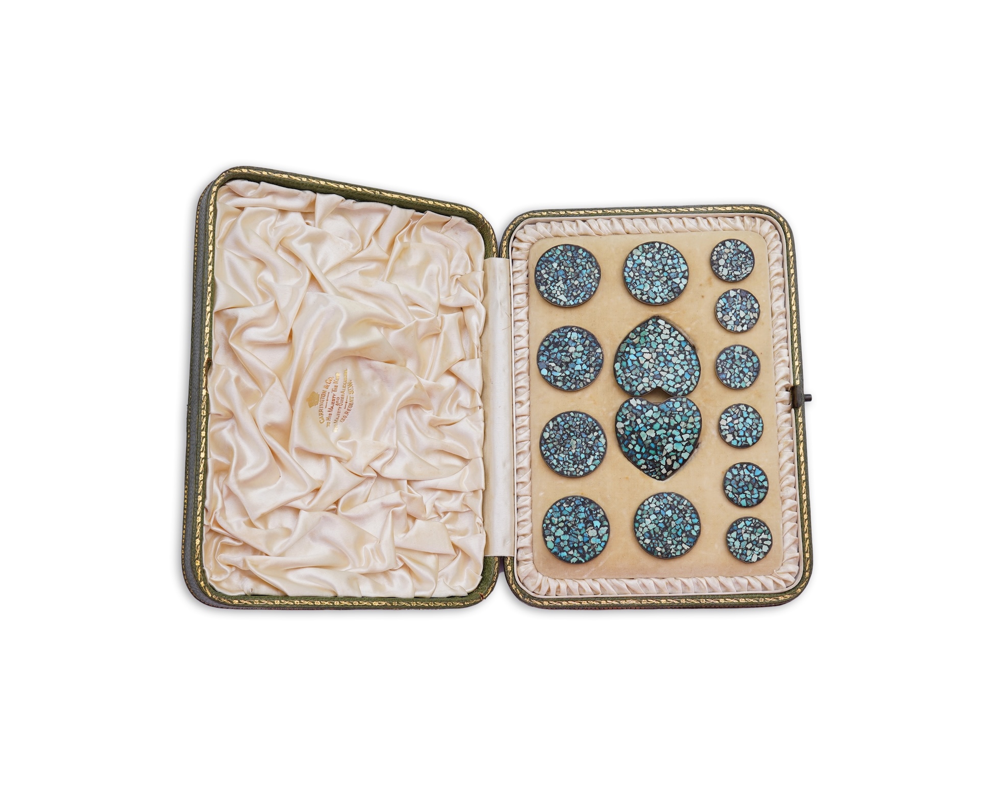 Retailed by Carrington & Co., an unusual Arts & Crafts turquoise dress set, circa 1905
